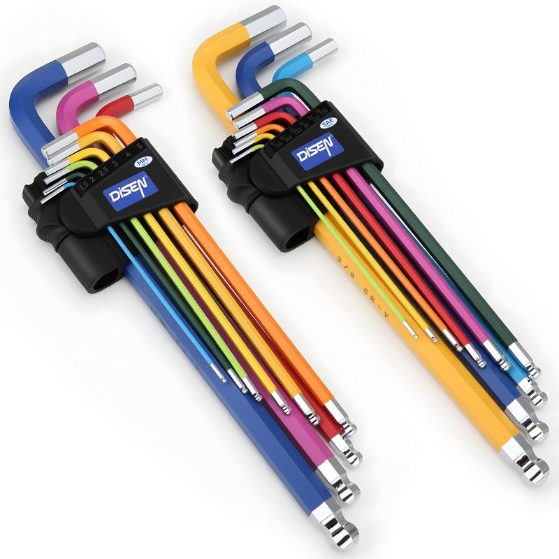 DISEN Hex Key Set, 18 PCS Metric & SAE Size Extra Long Arm Allen Wrench Set with Ball End Color Coding Design, 1.5-10 MM & 1/16-3/8 Inch for Bicycle, Household DIY, Chrome Vanadium Steel - Image 1